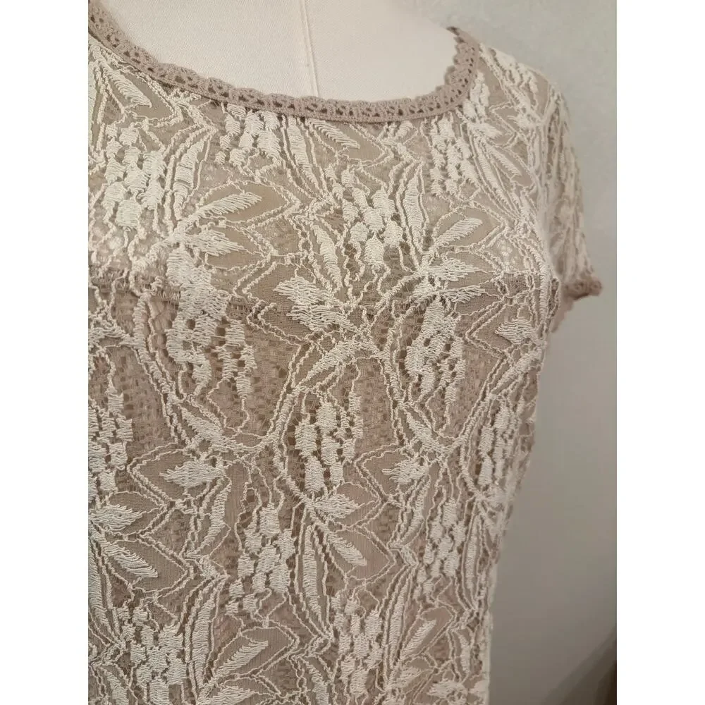SUNDANCE Dress | Ivory Lace Sweetheart Midi Lined Short Sleeve Romantic | LARGE - Picture 5 of 9